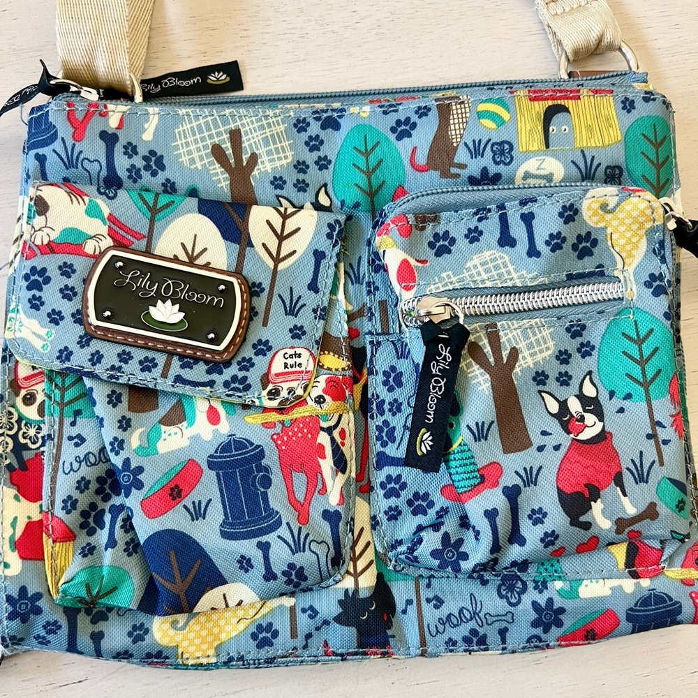 Lily Bloom Signature Dog Puppy Pattern Purse Crossbody Bag Bone Bow Wow